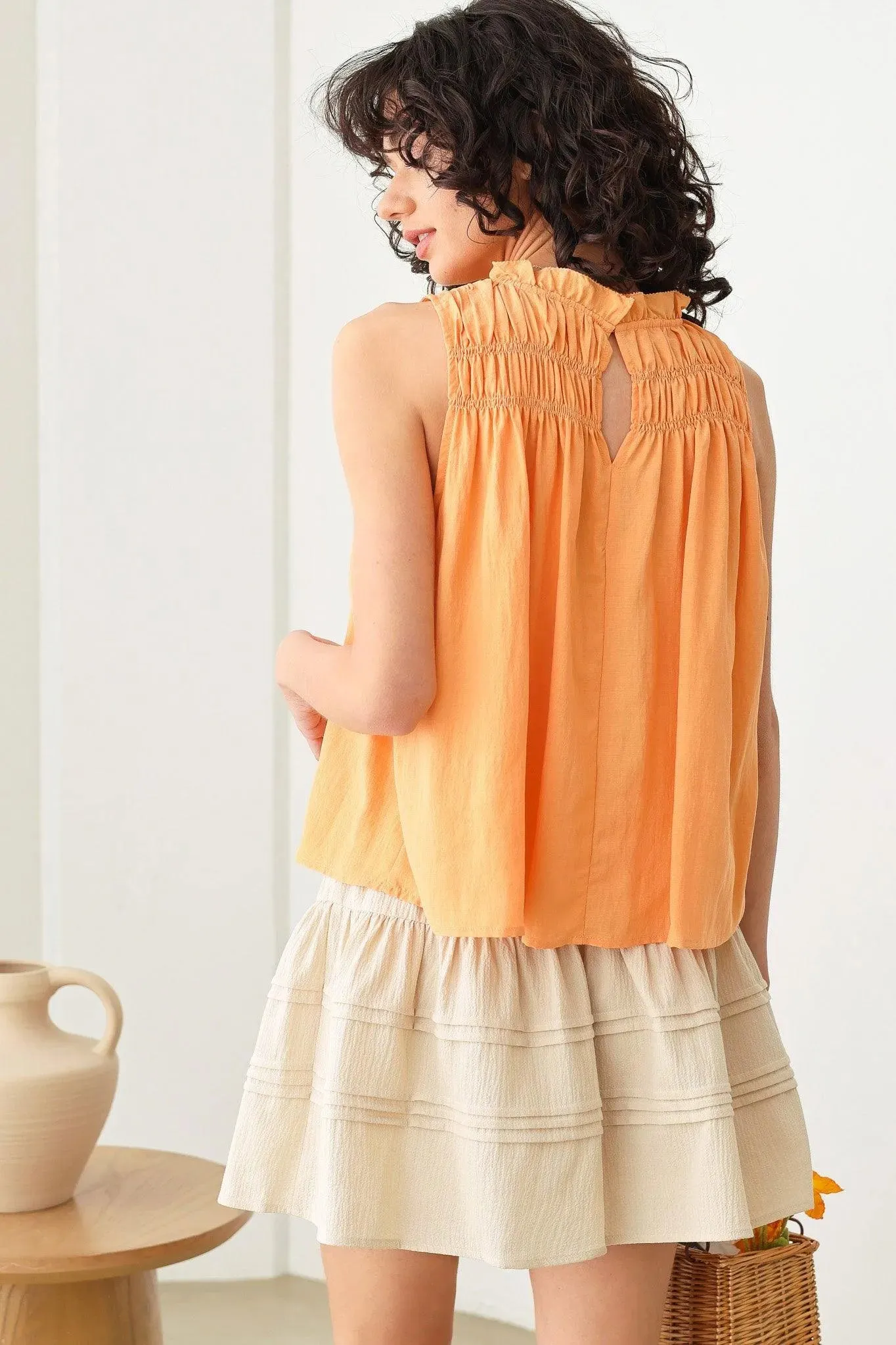 Boho Ruffle Shirred Pintuck Detail Front Tie Mini Skirt