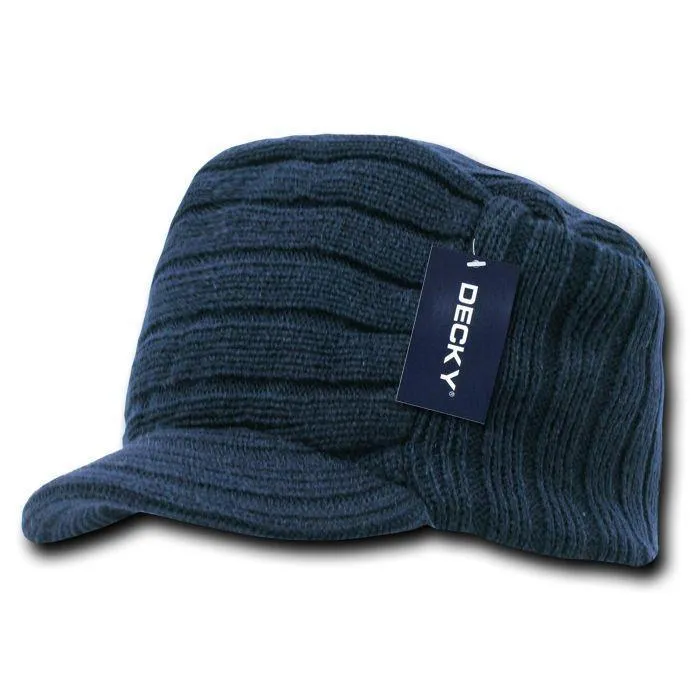 Decky Beanies Knitted Flat Top Warm Ribbed Visor Ski Cadet Gi Caps