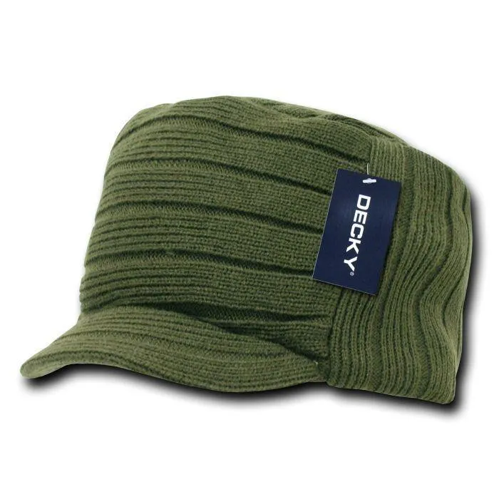 Decky Beanies Knitted Flat Top Warm Ribbed Visor Ski Cadet Gi Caps