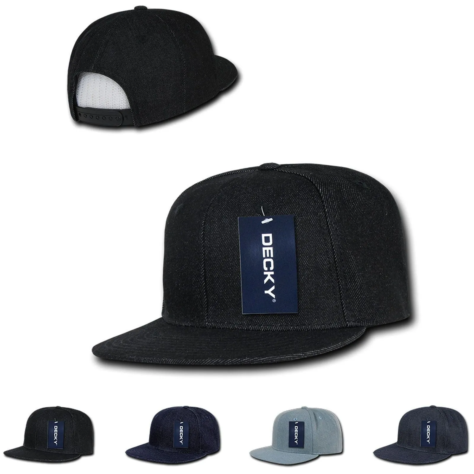 Decky Denim High Crown Snapback Cotton 6 Panel Flat Bill Hats Caps