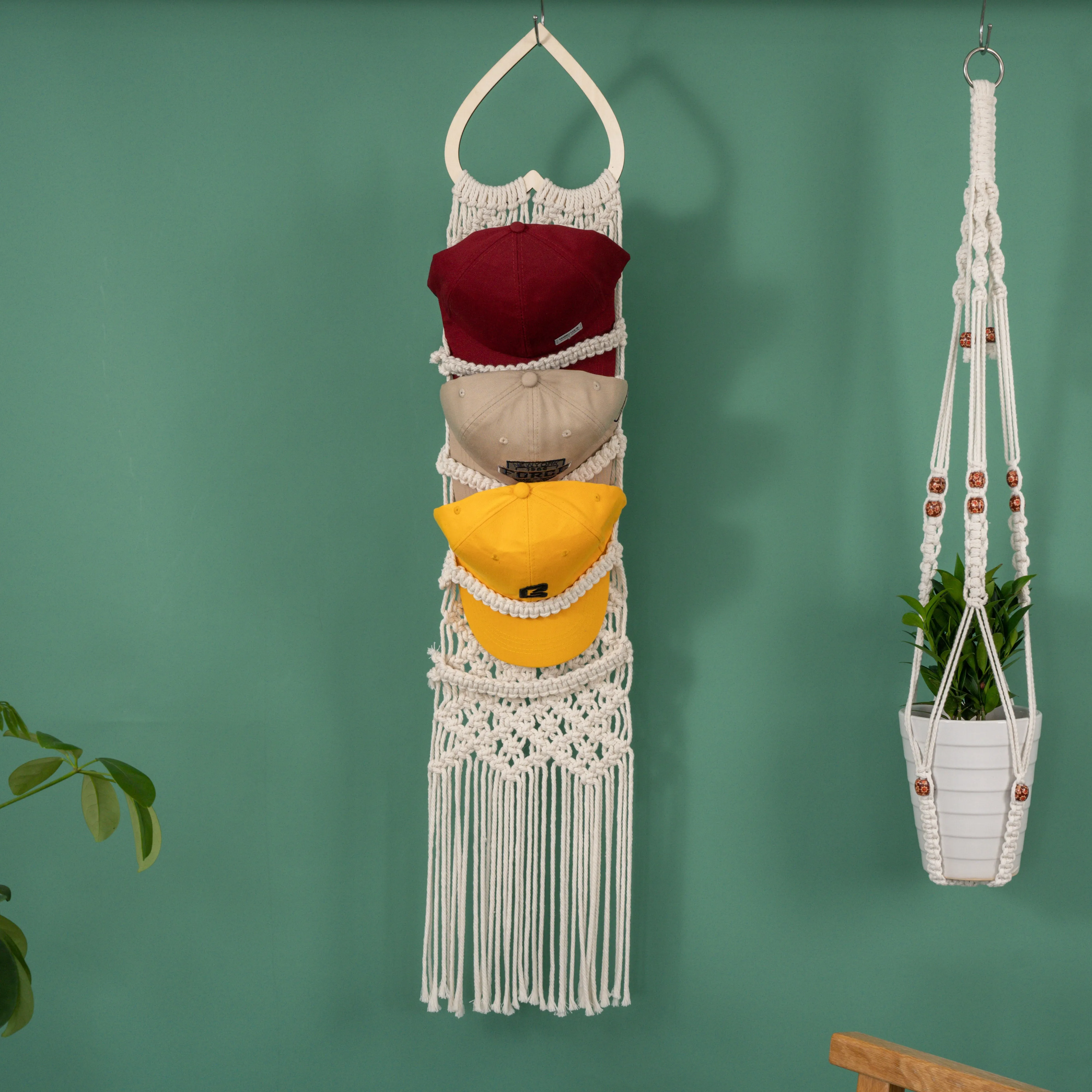 Handmade Macrame Baseball Cap Hanger, Wall Mounted Hat Display Rack