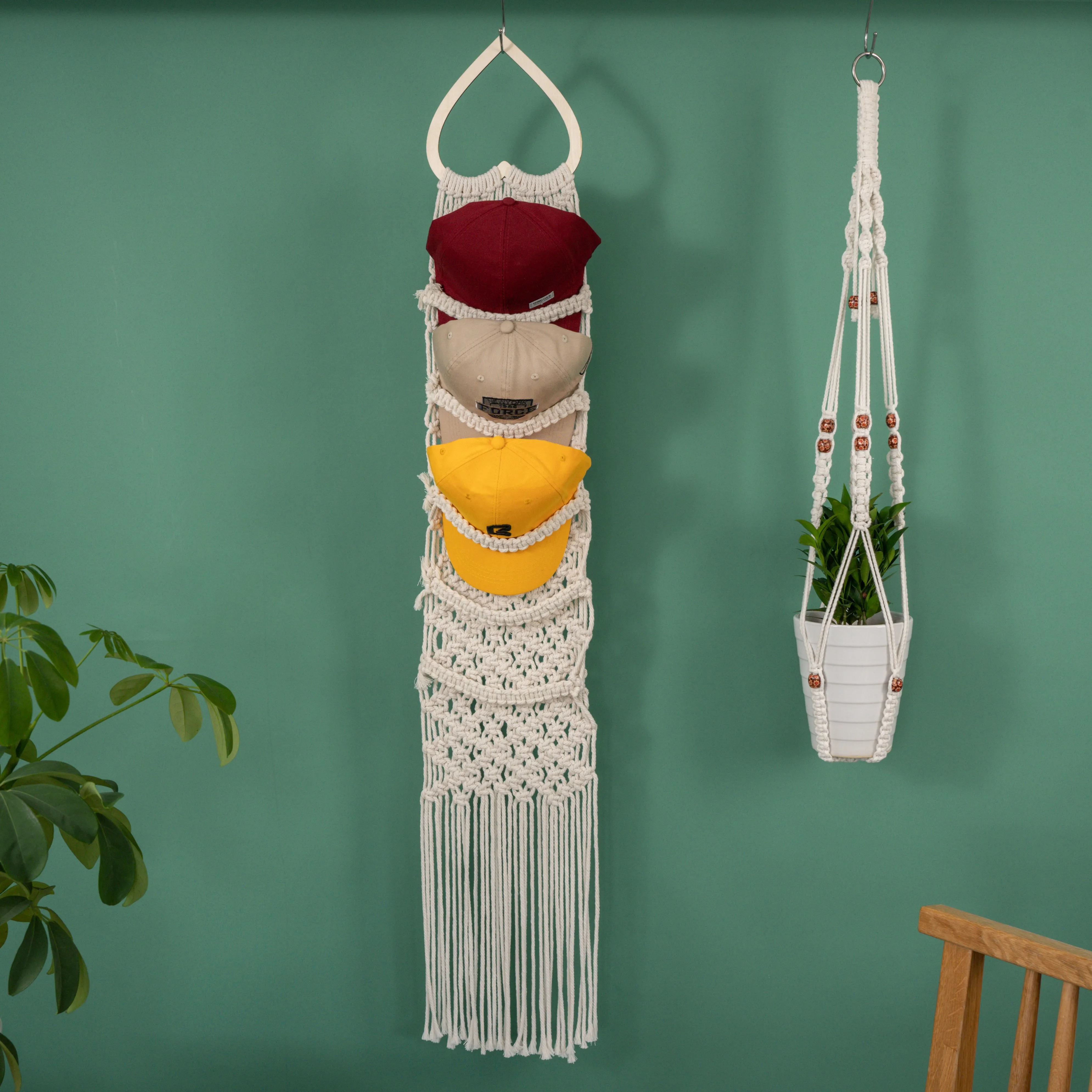 Handmade Macrame Baseball Cap Hanger, Wall Mounted Hat Display Rack