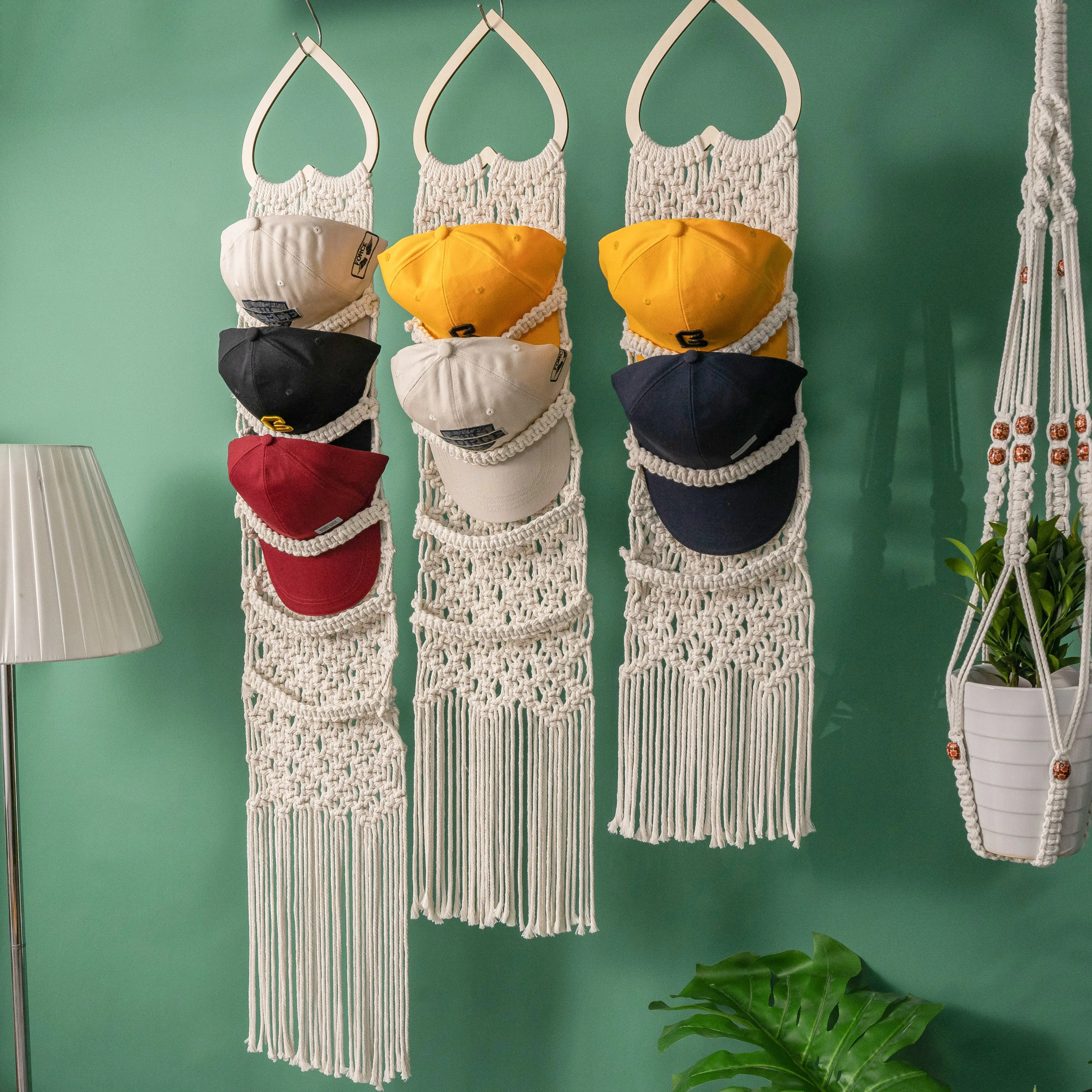 Handmade Macrame Baseball Cap Hanger, Wall Mounted Hat Display Rack