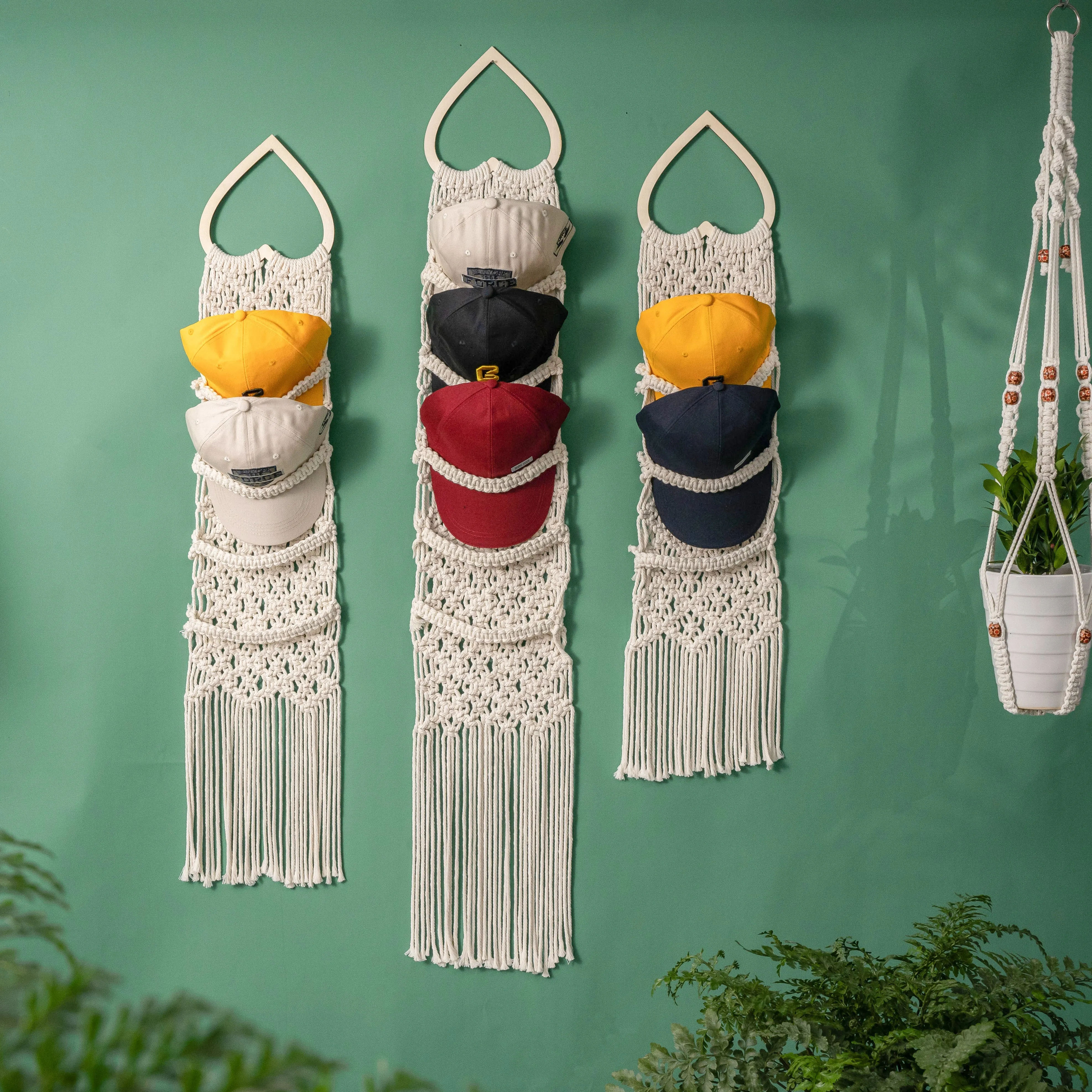 Handmade Macrame Baseball Cap Hanger, Wall Mounted Hat Display Rack