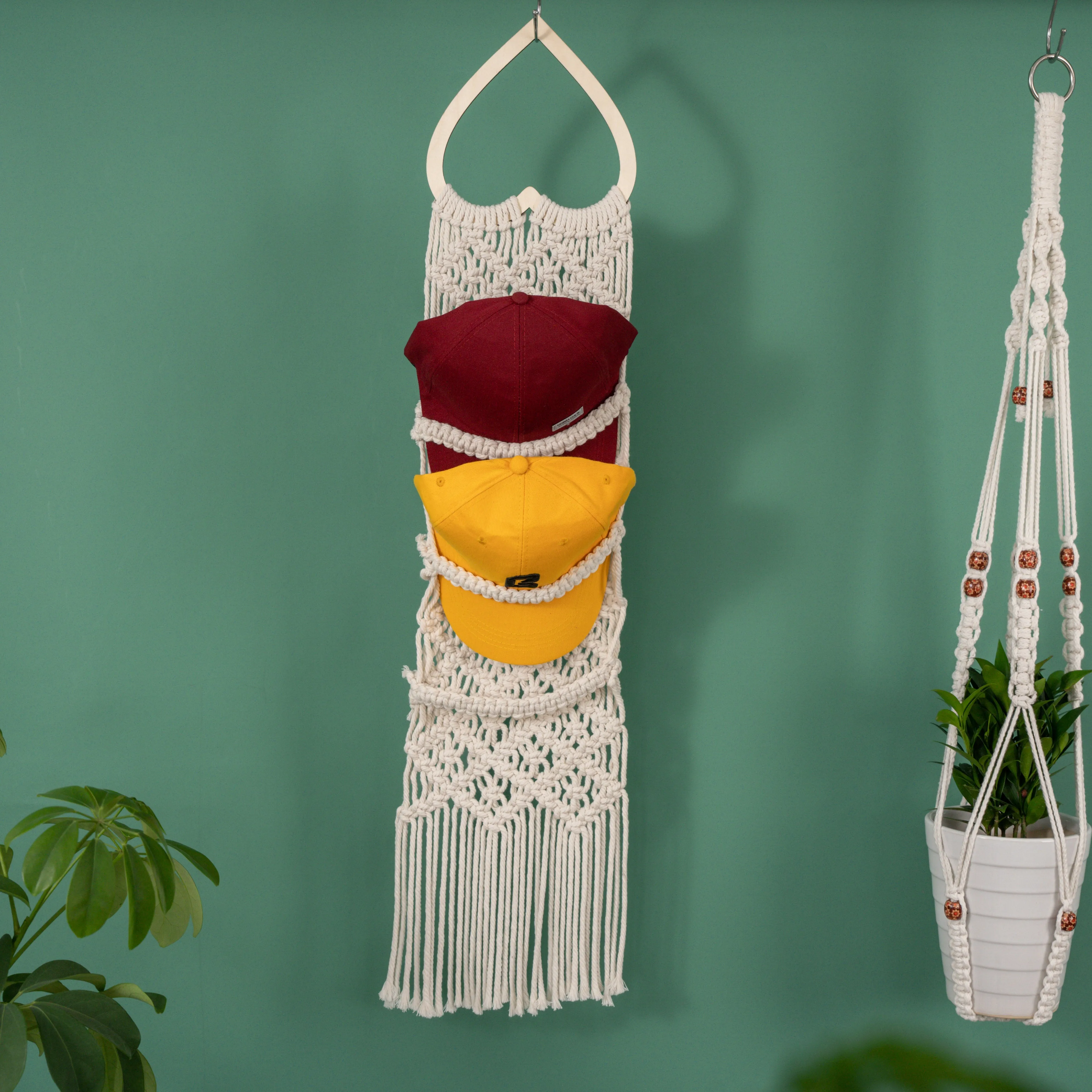 Handmade Macrame Baseball Cap Hanger, Wall Mounted Hat Display Rack