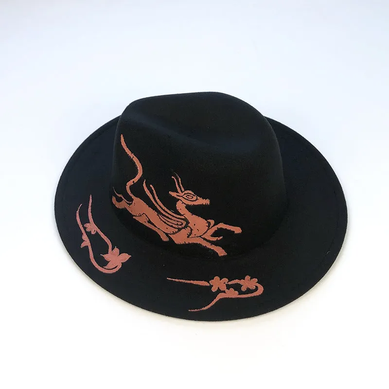 Italian Fedora Hats Green Dragon Top Hat Flat Brim Top Hat Felt Hat Autumn and Winter