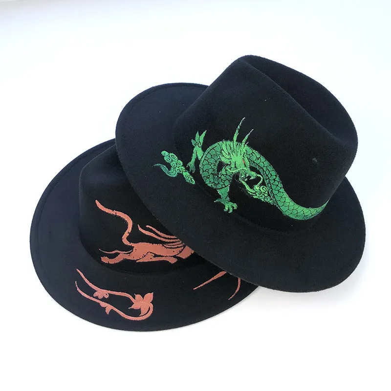 Italian Fedora Hats Green Dragon Top Hat Flat Brim Top Hat Felt Hat Autumn and Winter