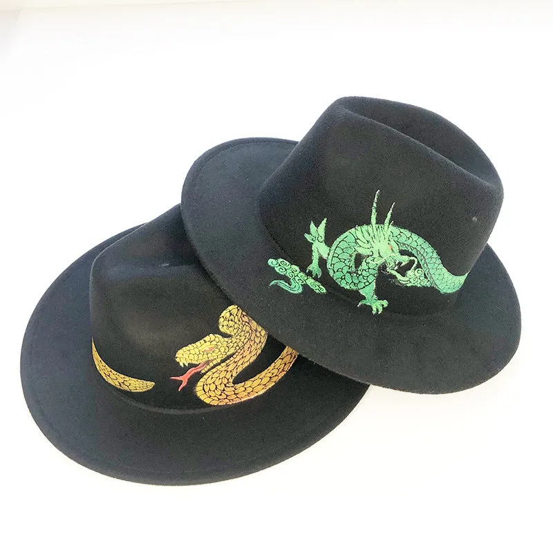 Italian Fedora Hats Green Dragon Top Hat Flat Brim Top Hat Felt Hat Autumn and Winter