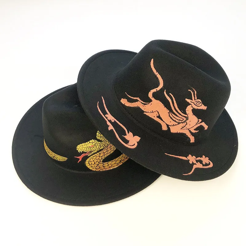 Italian Fedora Hats Green Dragon Top Hat Flat Brim Top Hat Felt Hat Autumn and Winter