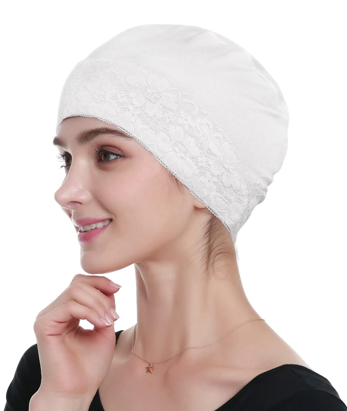 Jo Alnorm Womens Bamboo Beanie Lace Turban Soft Sleeping Night Cap Off-White