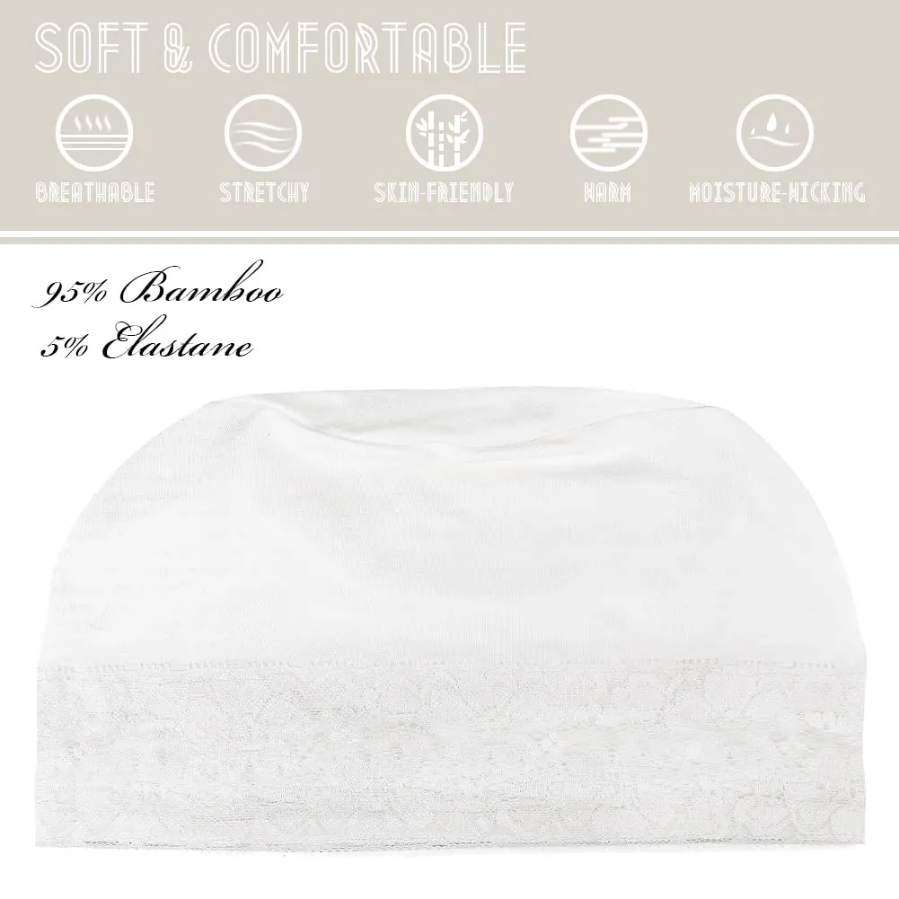 Jo Alnorm Womens Bamboo Beanie Lace Turban Soft Sleeping Night Cap Off-White