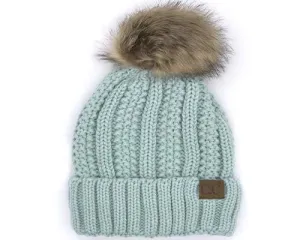 KIDS-820-MINT SHERPA LINED BEANIE W/FAUX FUR POM - MINT