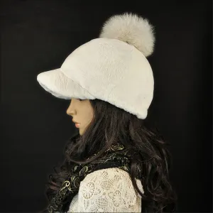 Rabbit Fur Hat with Fox Fur Pom Poms