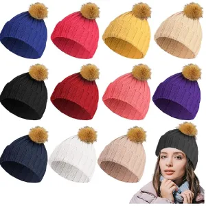 Suhine 12 Pcs Womens Winter Knitted Beanie Hats Warm Thick Beanie Hat with Faux