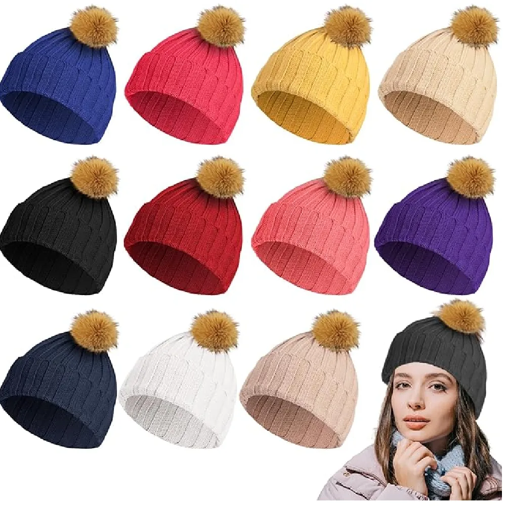 Suhine 12 Pcs Womens Winter Knitted Beanie Hats Warm Thick Beanie Hat with Faux