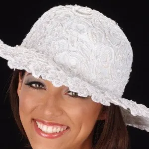 W6006-White wedding straw hat covered with hand beaded fabric