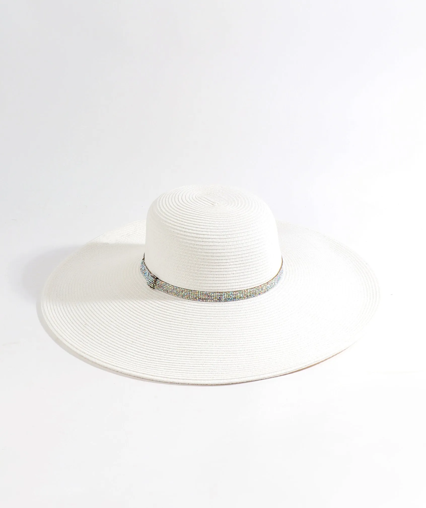 White Wide Brim Straw Hat with Rhinestone Belt
